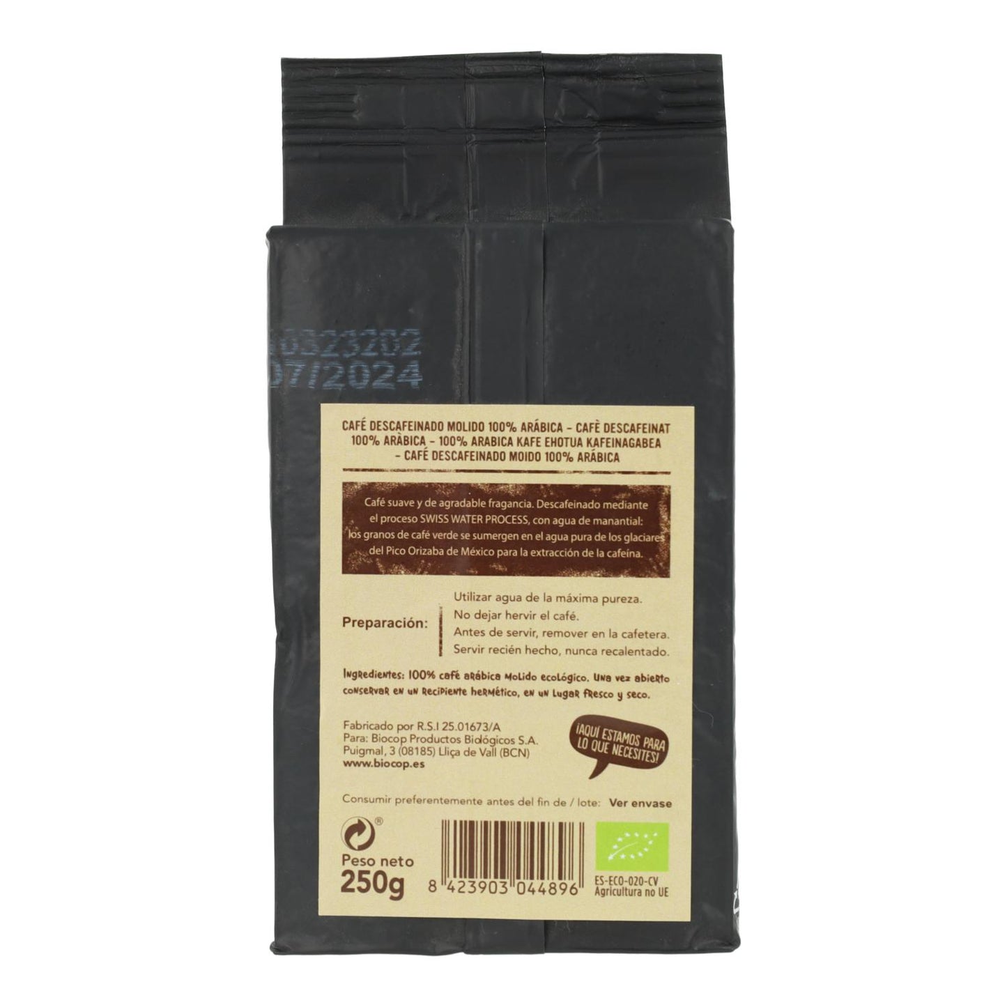 Biocop 100% Café Arábica Moído Descafeinado 250 gr.