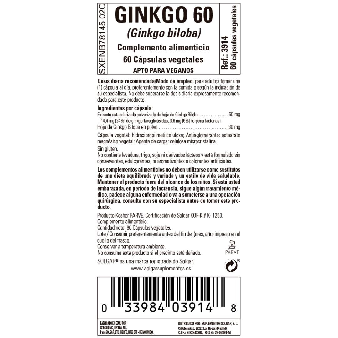 Ginkgo 60, 60 cápsulas vegetais
