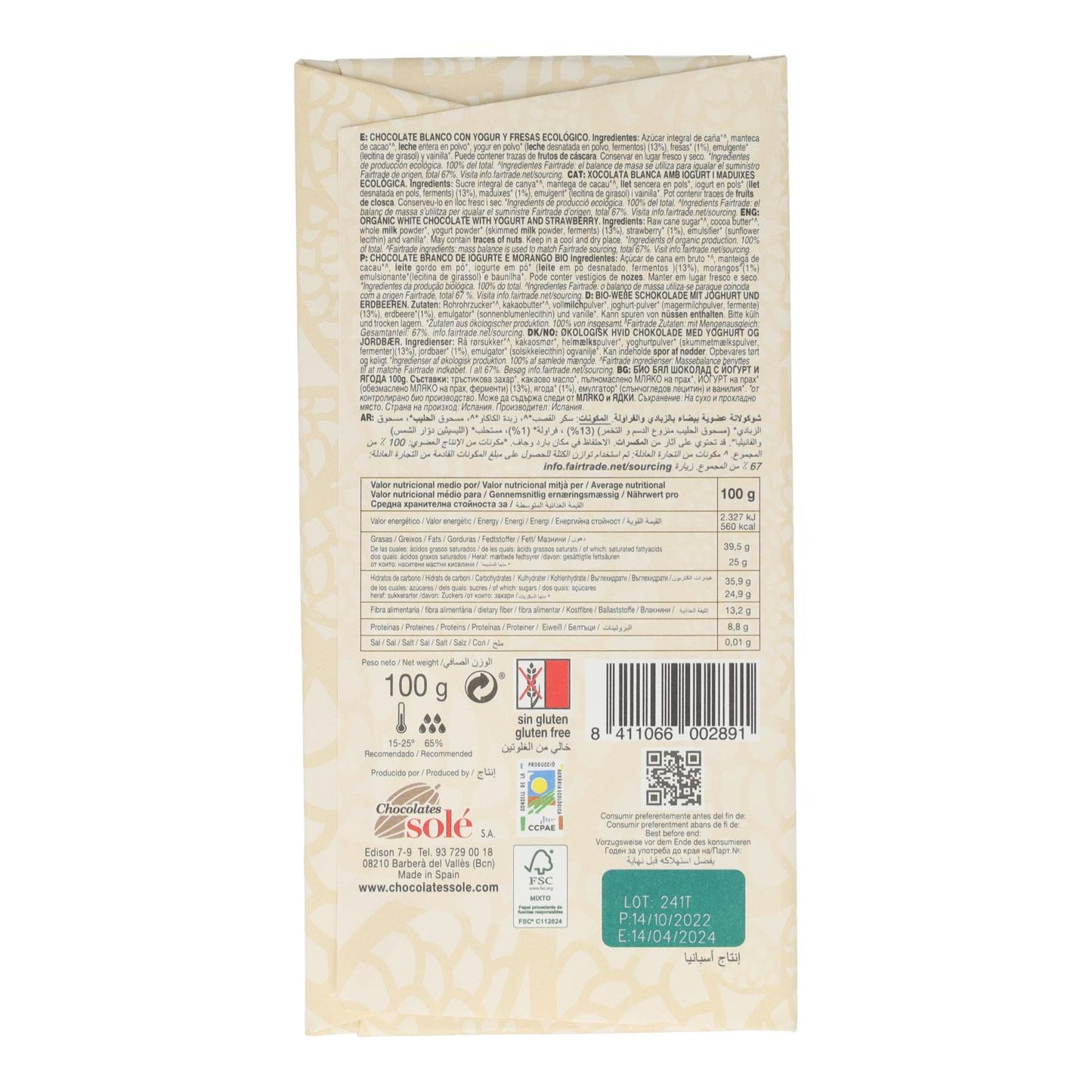 Solé Chocolate Branco Biológico com Iogurte e Morangos 100g