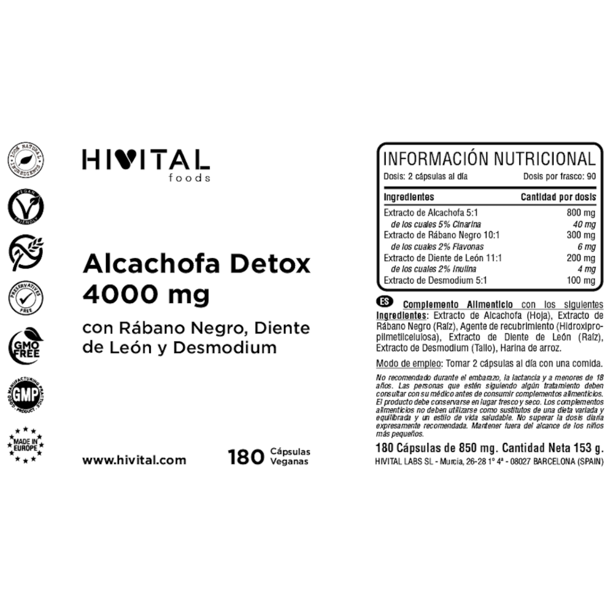 Alcachofra Detox 4000 mg Hivital 180 cápsulas vegan