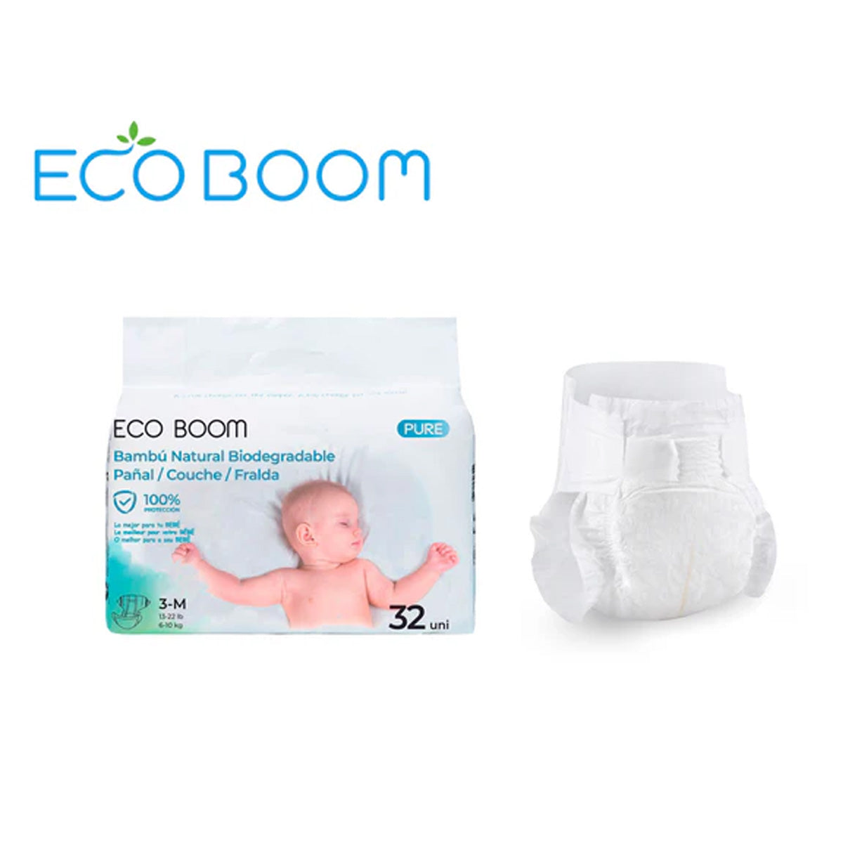 Fralda de Bambu Pure Premium ECO BOOM T3 (6 a 10 kg) 32 unidades