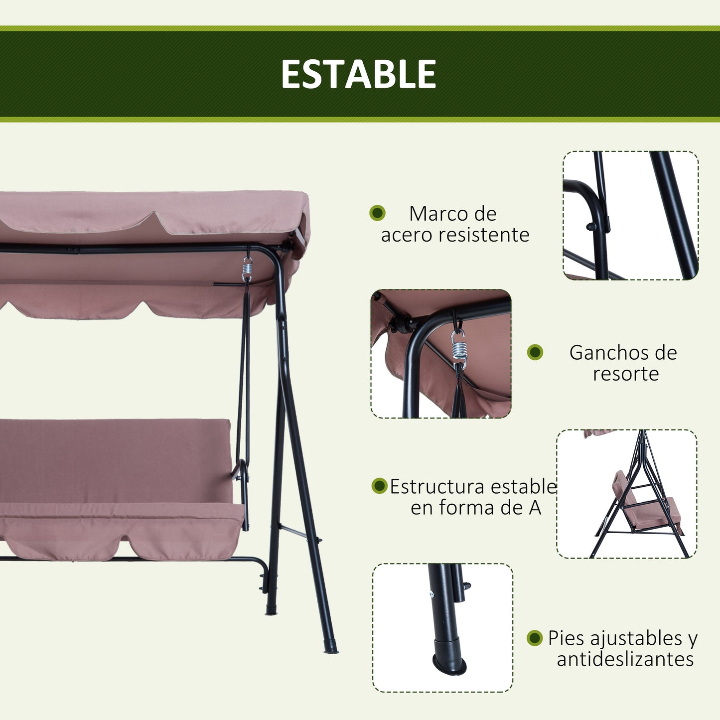 Outsunny Columpio De Jardín De 3 Plazas Con Techo Ajustable Acero 172x110x153 Cm_5