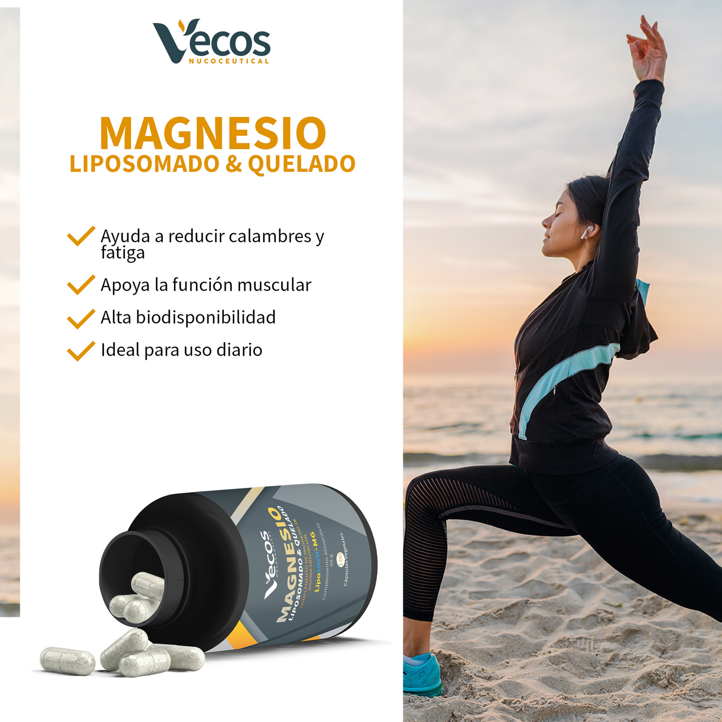 Magnesio Liposomado y Quelado VECOS (100 cápsulas) | Alta biodisponibilidad | Menos cansancio y fatiga | Liposovit®_3