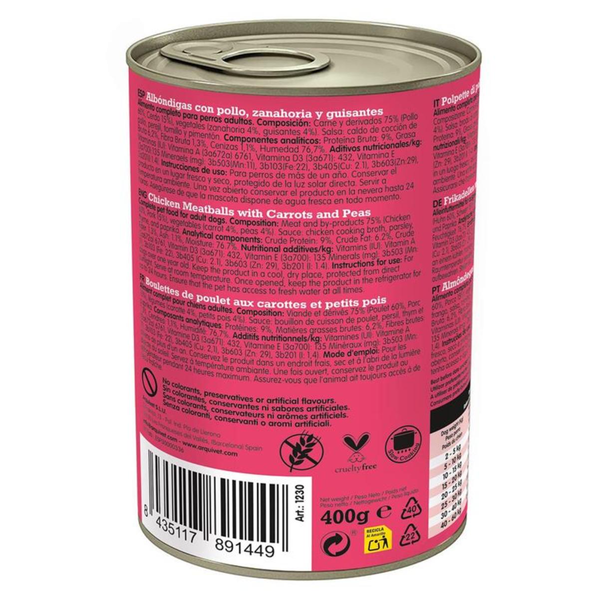 Almôndegas de Frango Fresco Arquivet 400 g Ração húmida para cães com frango, cenoura e ervilha