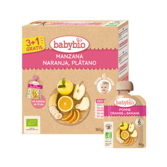Embalagem de Maçã, Laranja e Banana Biológica, 4x90g. BabyBio
