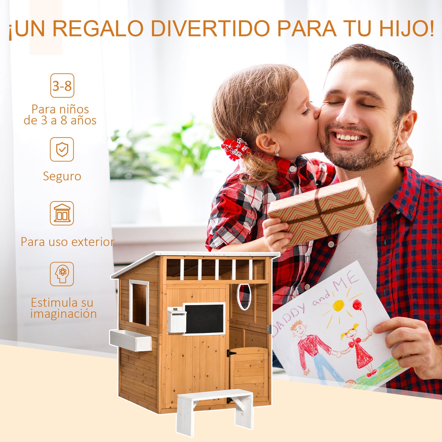 Outsunny Casa Infantil De Madera Con Banco Pizarra Y Macetero 122x108x135,5 Cm_5