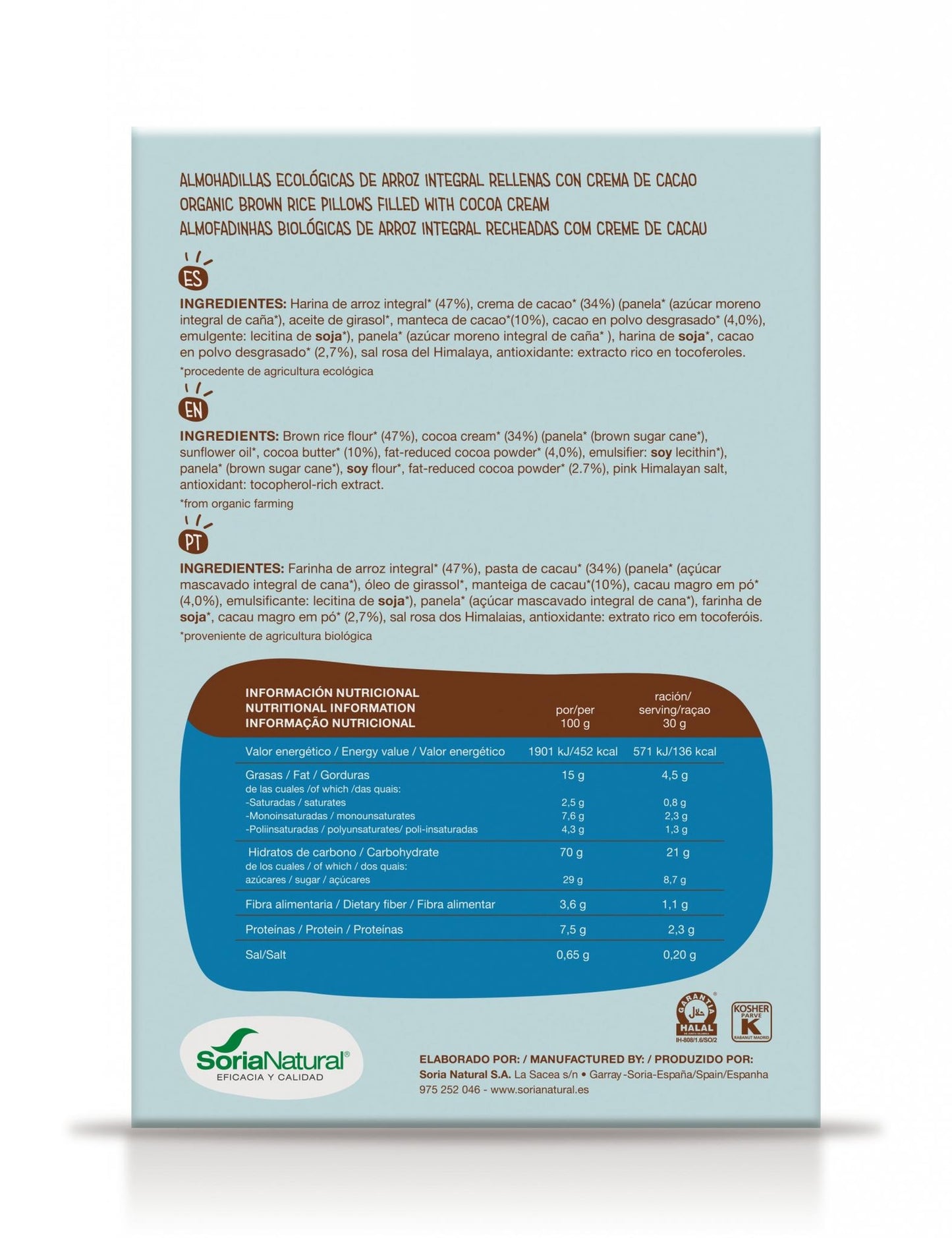 Pastilhas de arroz integral recheadas com creme de cacau Soria Natural 375 g