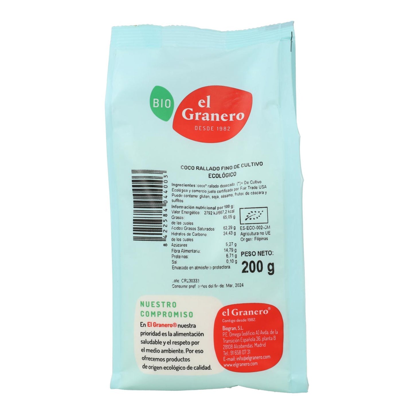 Coco biológico ralado fino El Granero, 200 g