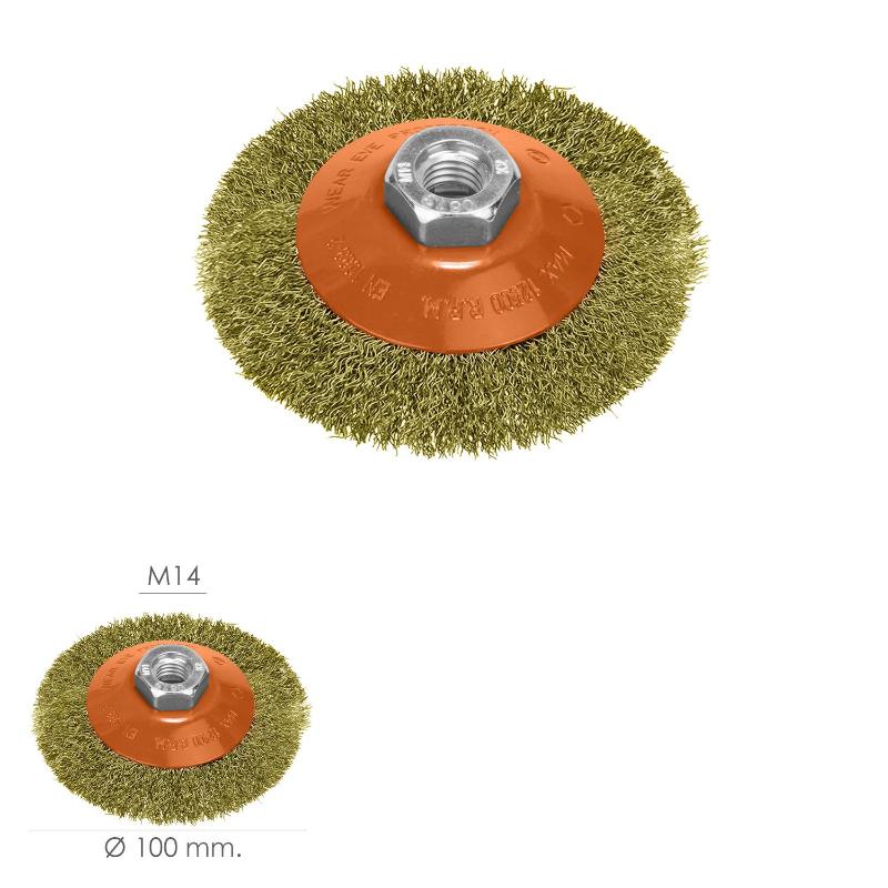 Cepillo Oblicuo Con Alambre De Acero Latonado Rosca M14, Ø 100 Mm. Alambre De Ø 0,30 Mm.