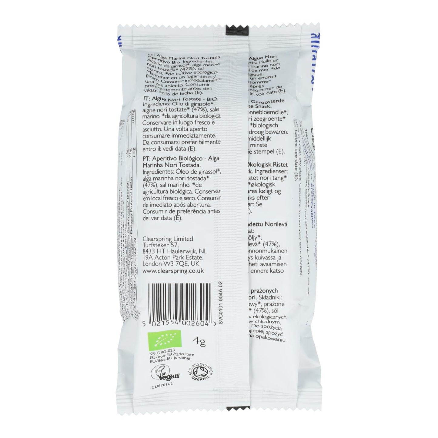 Snack de Alga Nori Biológica Torrada Clearspring 4g