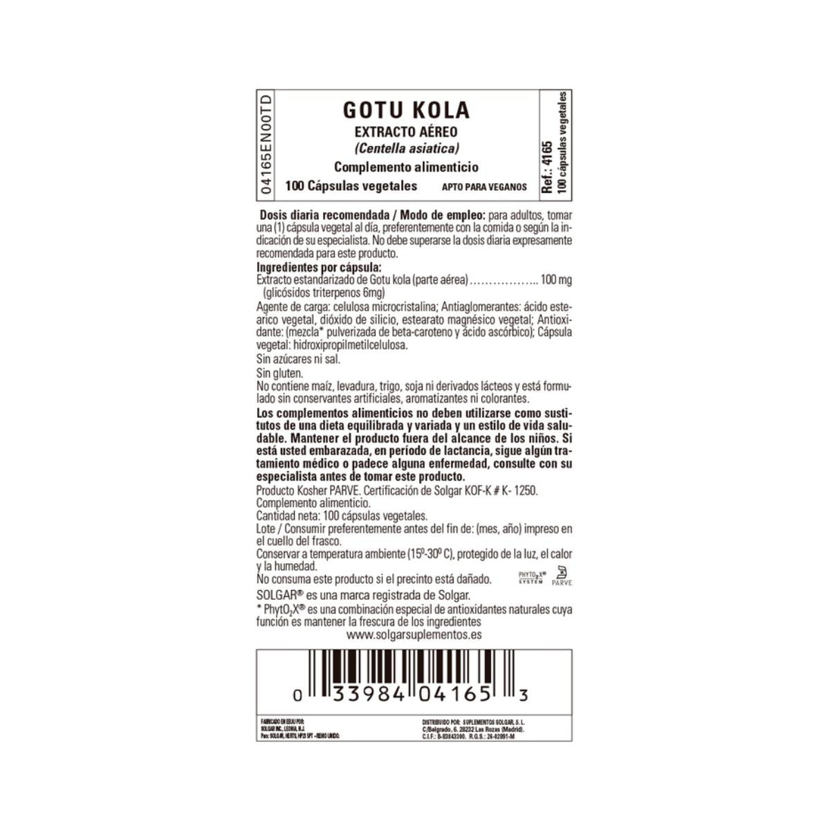 Gotu Kola (Centella Asiatica), 100 cápsulas vegetais