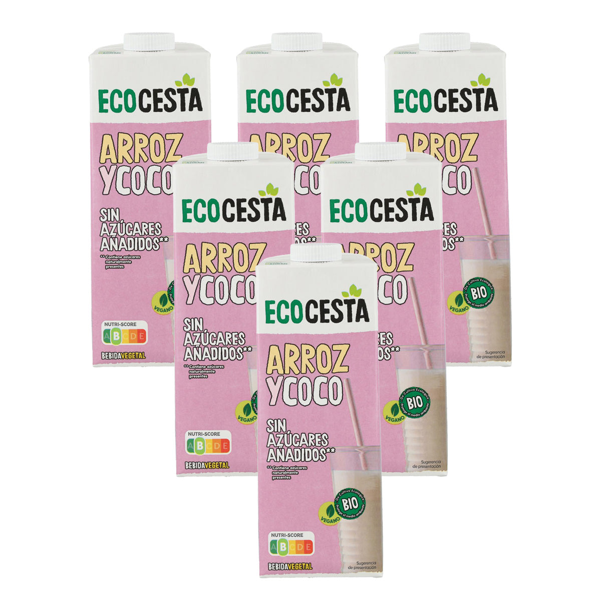 Pack de 6 Bebidas Vegetais Biológicas de Arroz e Coco sem adição de açúcar, Ecocesta, 1L