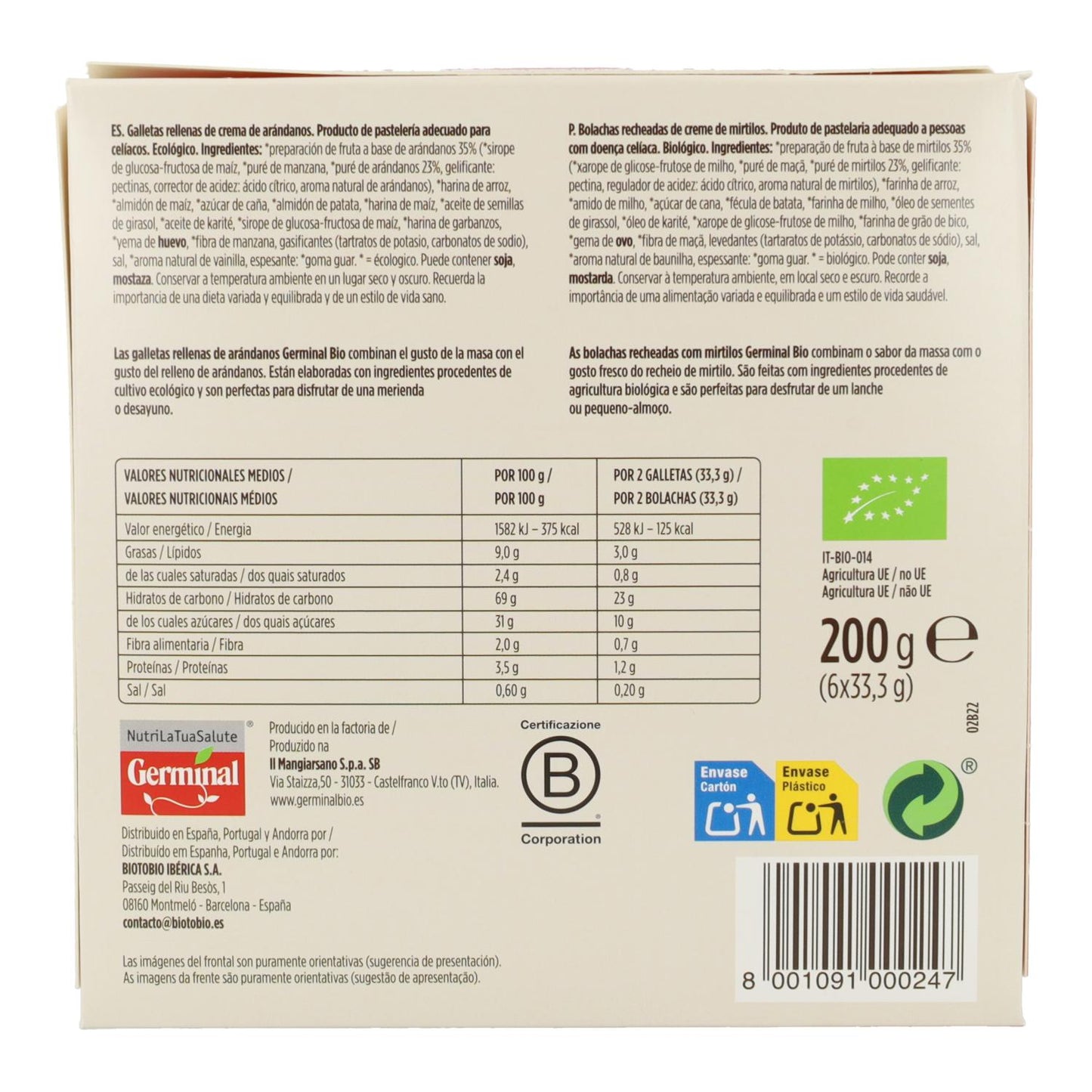 Bolachas sem glúten recheadas com creme de mirtilos, 200 g