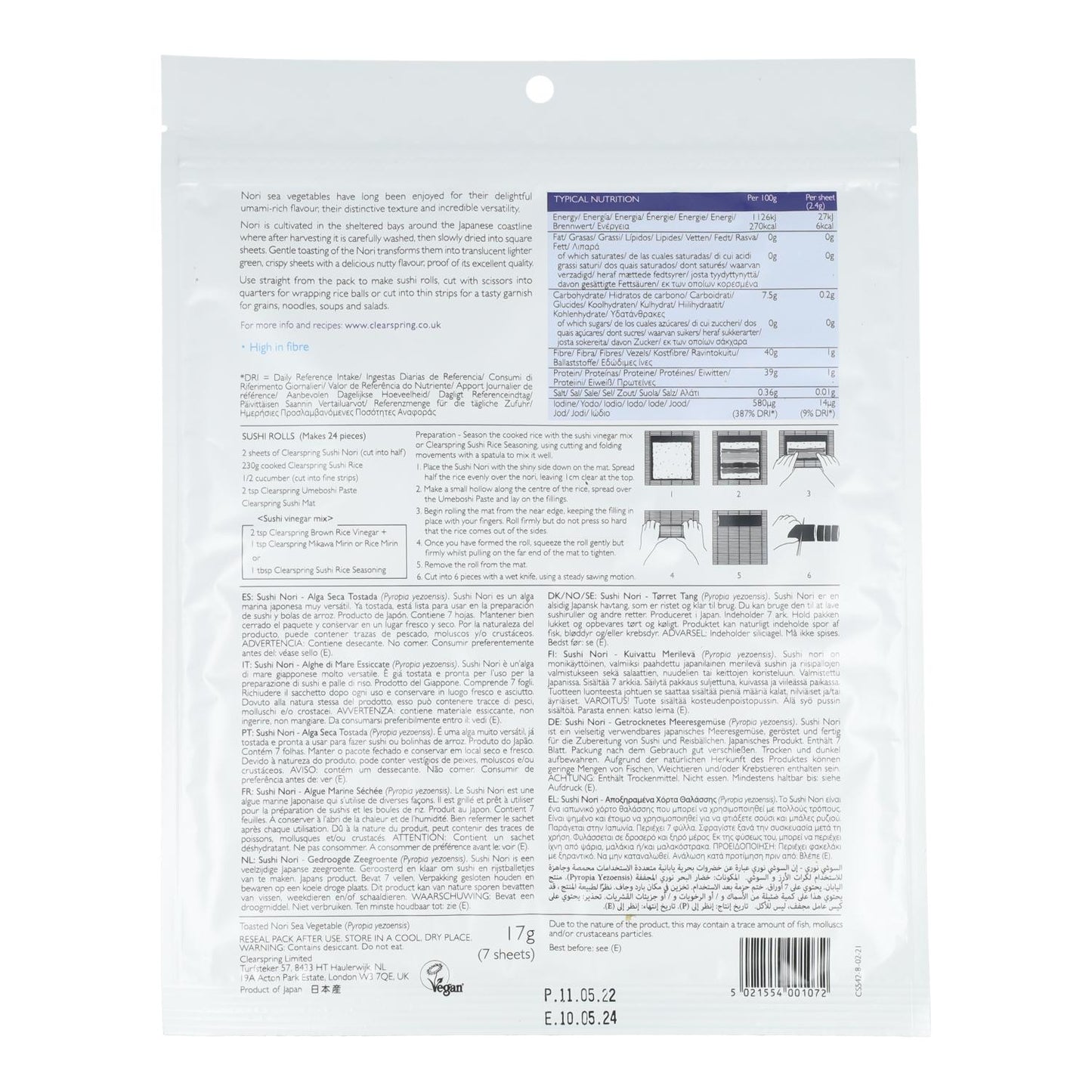 Alga Nori Clearspring Special Sushi 7 folhas 17 g