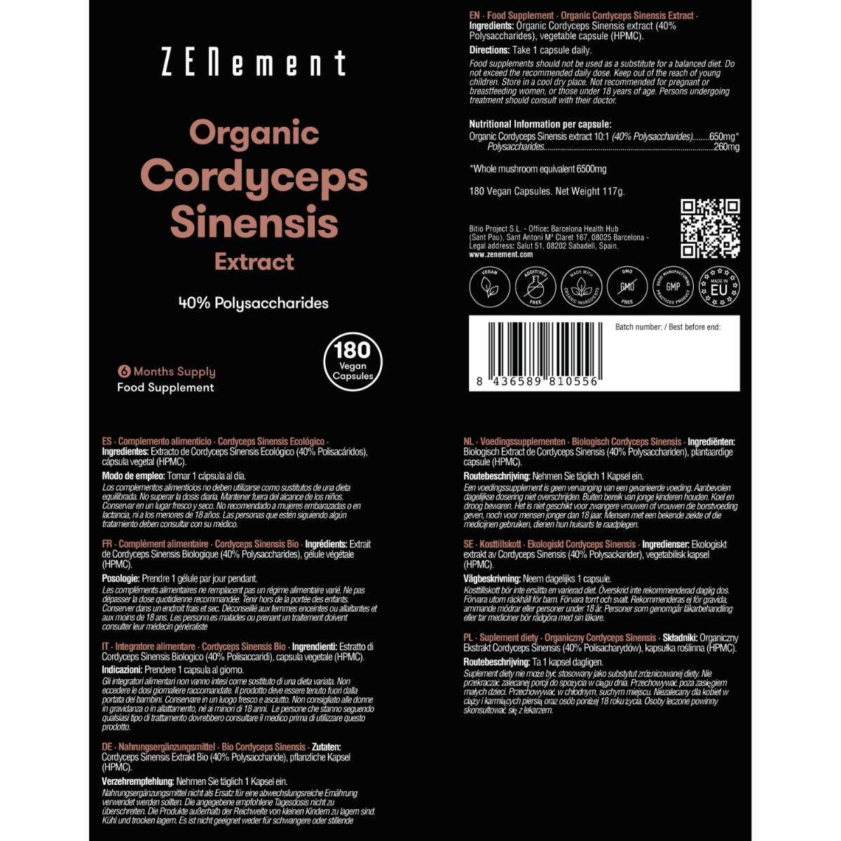 Extrato de Cordyceps Sinensis ECO 40% Polissacarídeos Zenement, 180 comprimidos