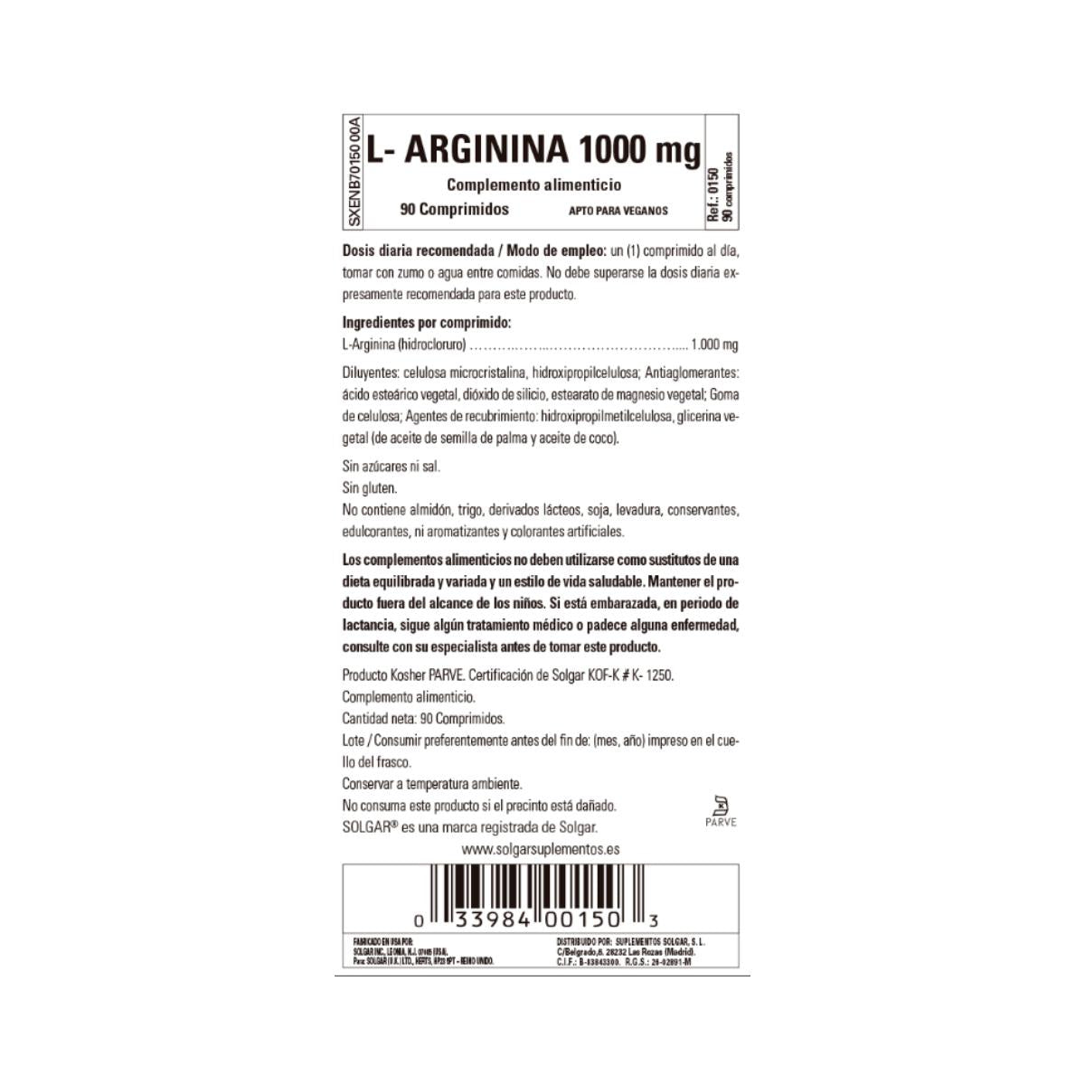L-Arginina, 90 comprimidos de 1000 mg