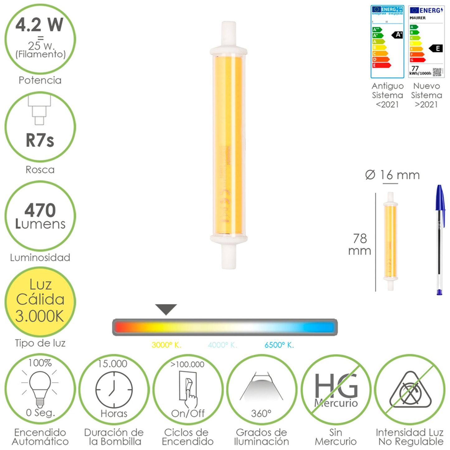 Bombilla Led Rosca R7s 4,2 Watt, Equivale A 25 Watt, 470 Lumenes, Luz Calida (3000⺠K,)_0