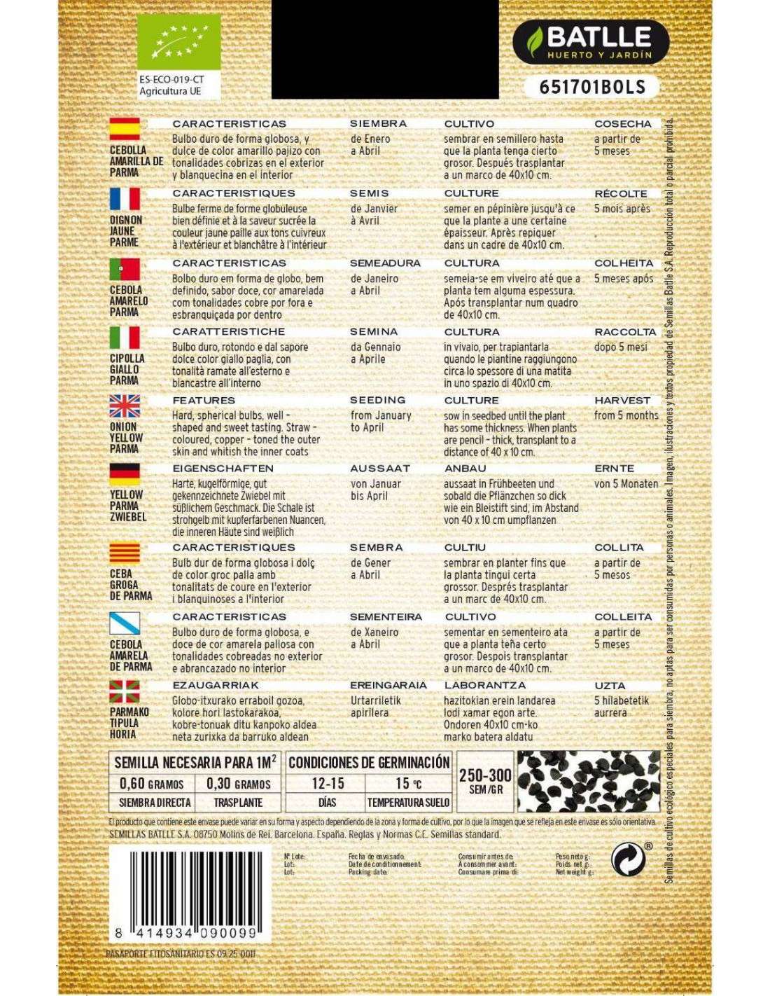 Sementes de cebola amarela Parma biológicas Batlle