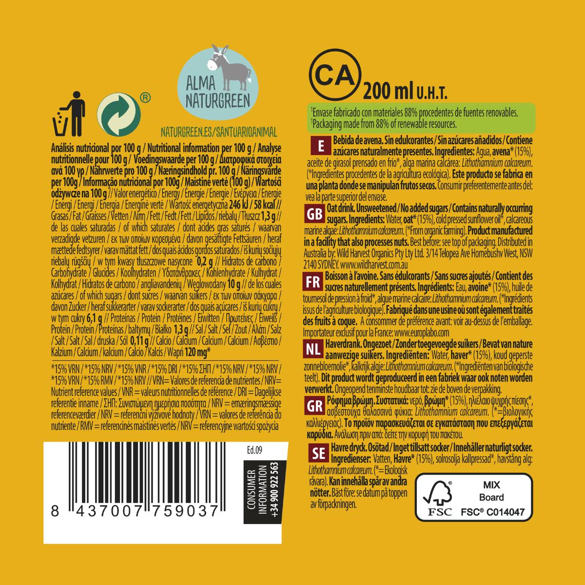 Bebida de Aveia Sem Açúcar NaturGreen 200 ml