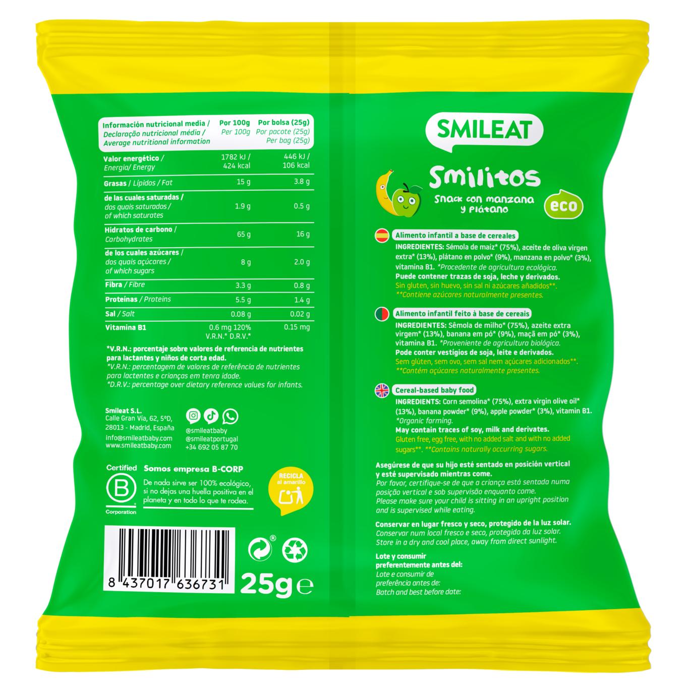 Smilitos, minhocas de maçã e banana 25g Smileat snack