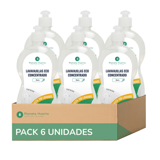 Embalagem de 6 detergentes hipoalergénicos para máquina de lavar louça Planeta Huerto ECO, sem fragrância, 750 ml