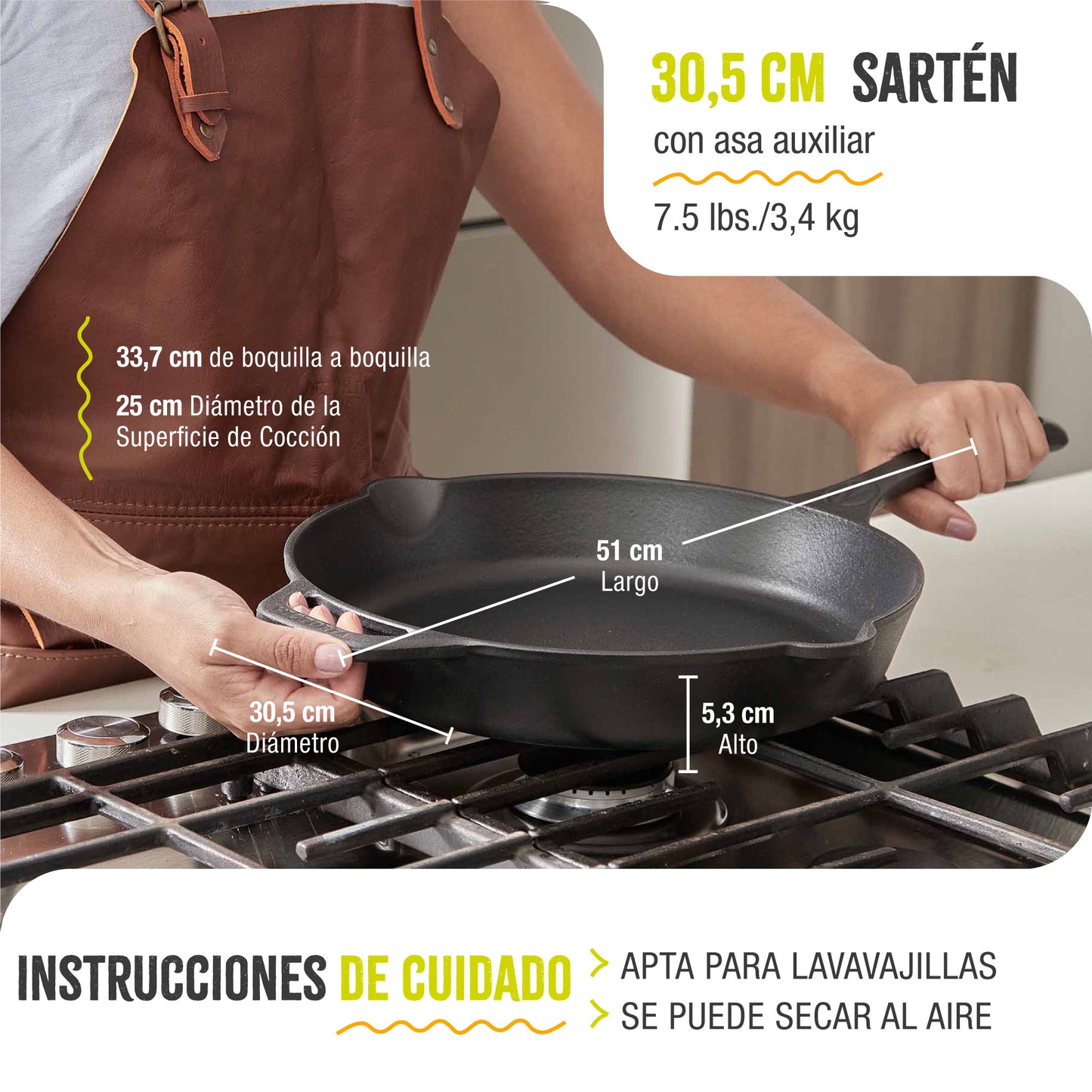 Victoria Sartén Hierro Fundido Esmaltado Diseño Calaca Inducción 30cm Apta Fuego, Horno Cast Iron Skillet, Calaca, Negro_5