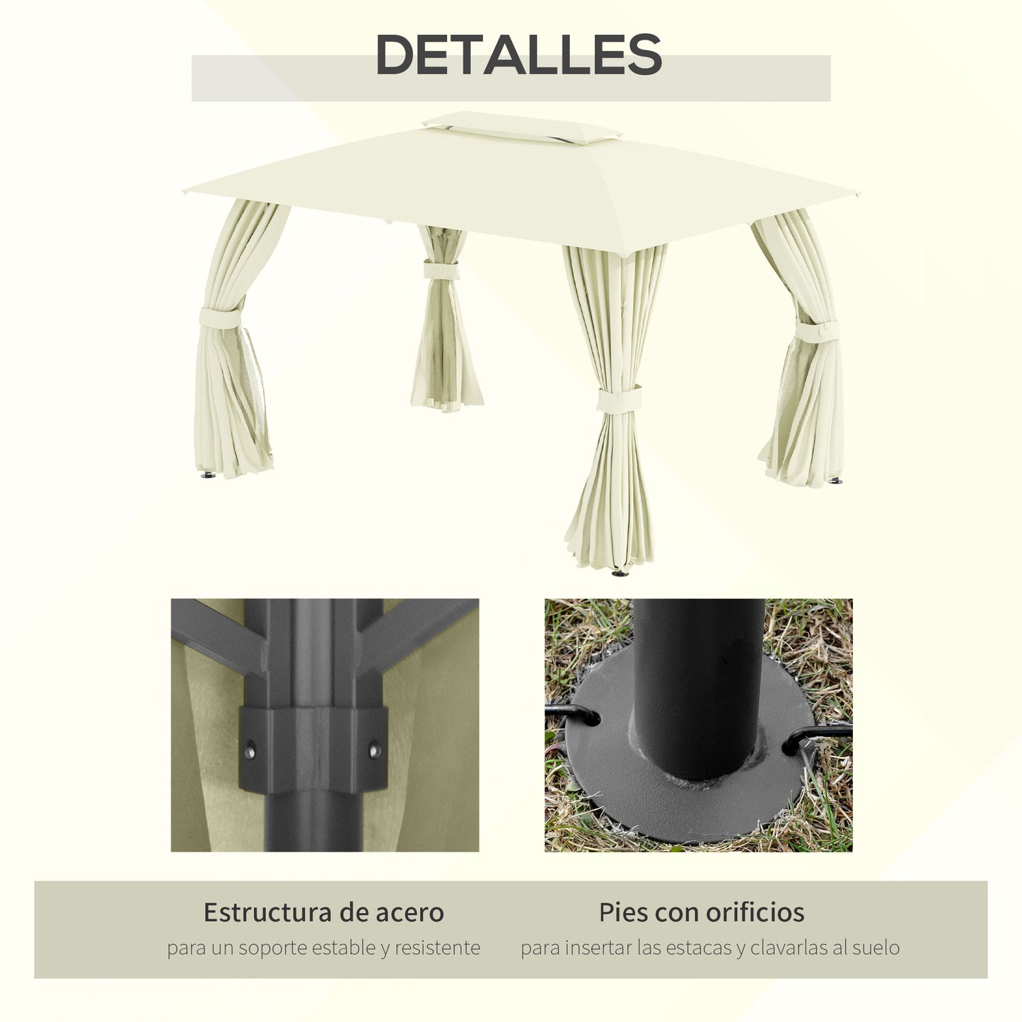 Outsunny Cenador De Jardín 4x3m Con Doble Techo 4 Cortinas Y 4 Mosquiteras Crema_5