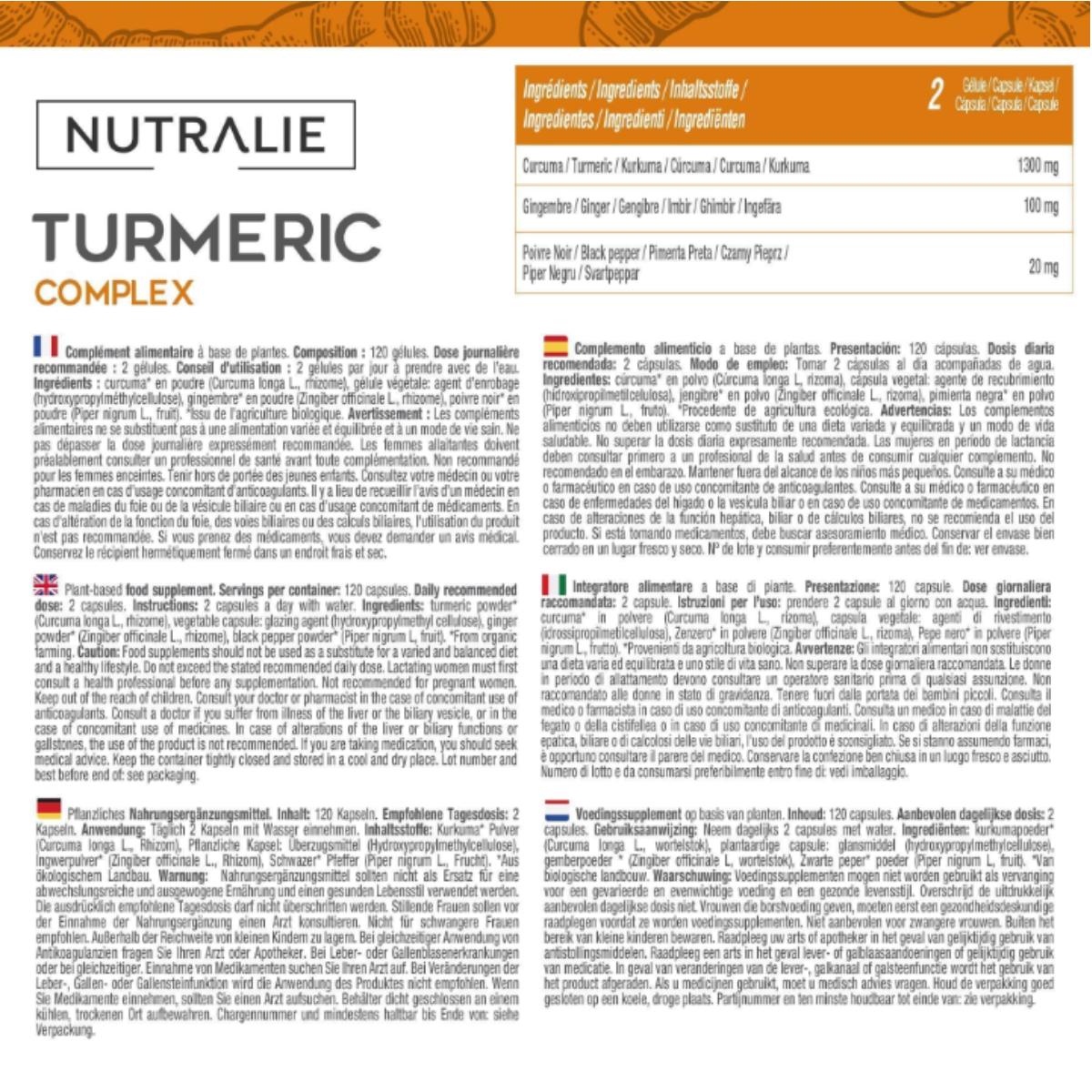 Nutralie Turmeric Complex + Gengibre e Pimenta Biológica Biológica 120 cápsulas