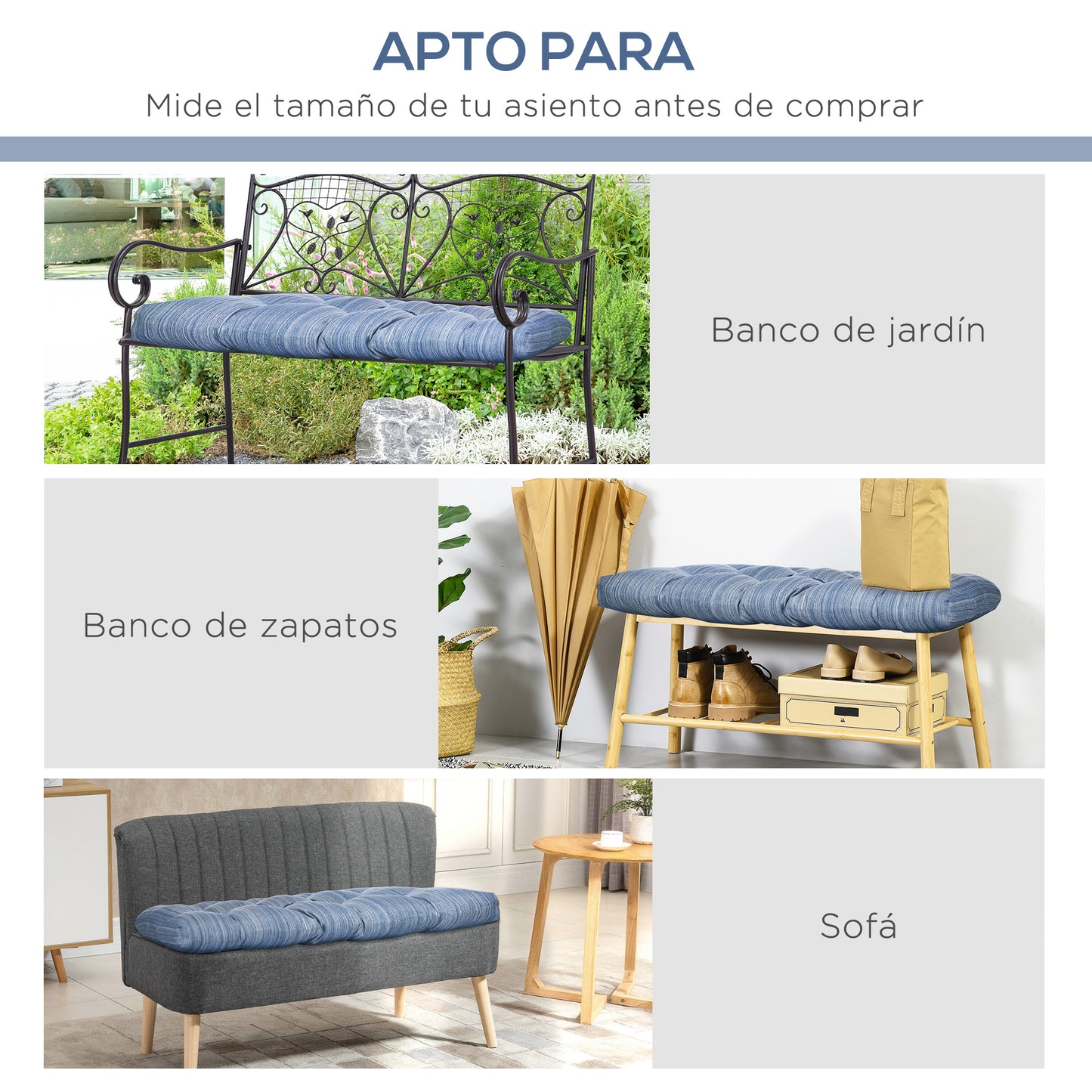 Outsunny Cojín Para Banco De 2 Plazas 110x48x8cm Para Interiores Exteriores Azul_5