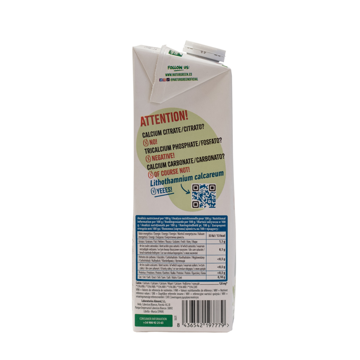 Embalagem de 6 bebidas de amêndoa sem açúcar NaturGreen com cálcio, 1 litro