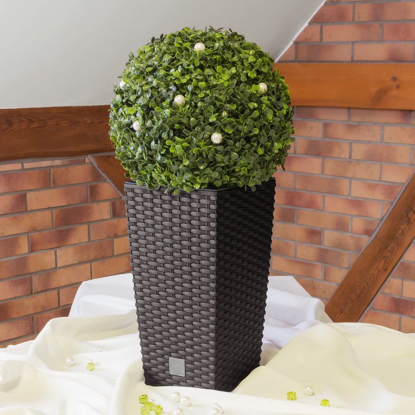 Pack 3 Macetas Altas Prosperplast (11,4/19/35 Litros) Rato Square De Plastico En Color Ocre Oscuro Con Deposito.