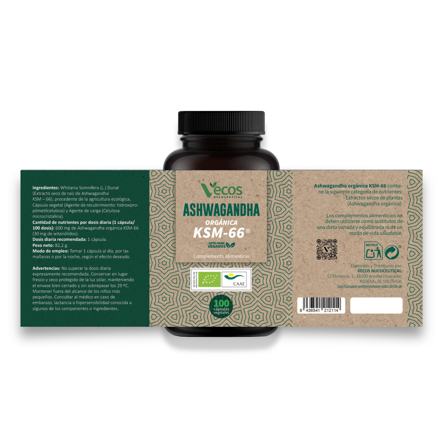 Ashwagandha Orgánica KSM-66 VECOS (100 cápsulas) | Reduce estrés y ansiedad | 600 mg alta concentración_4