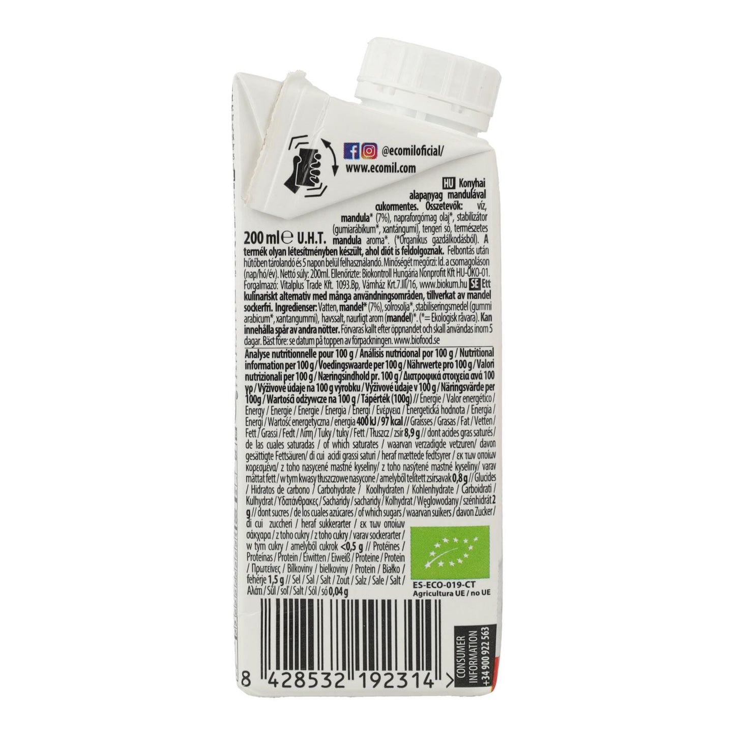 Creme Vegetal de Amêndoa sem Açúcar Bio Cuisine Nature Ecomil 200 ml