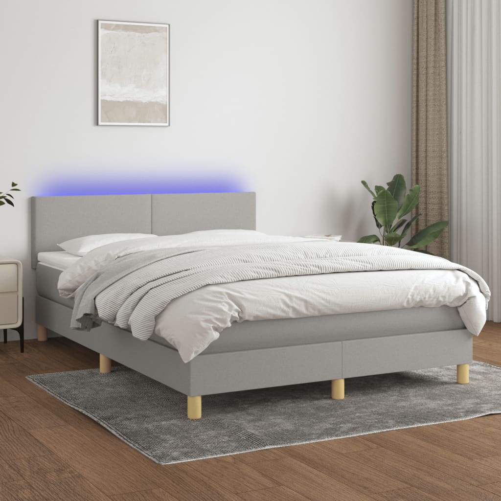 Cama Box Spring Colchón Y Luces Led Tela Gris Claro 140x200 Cm / Vetonek_5