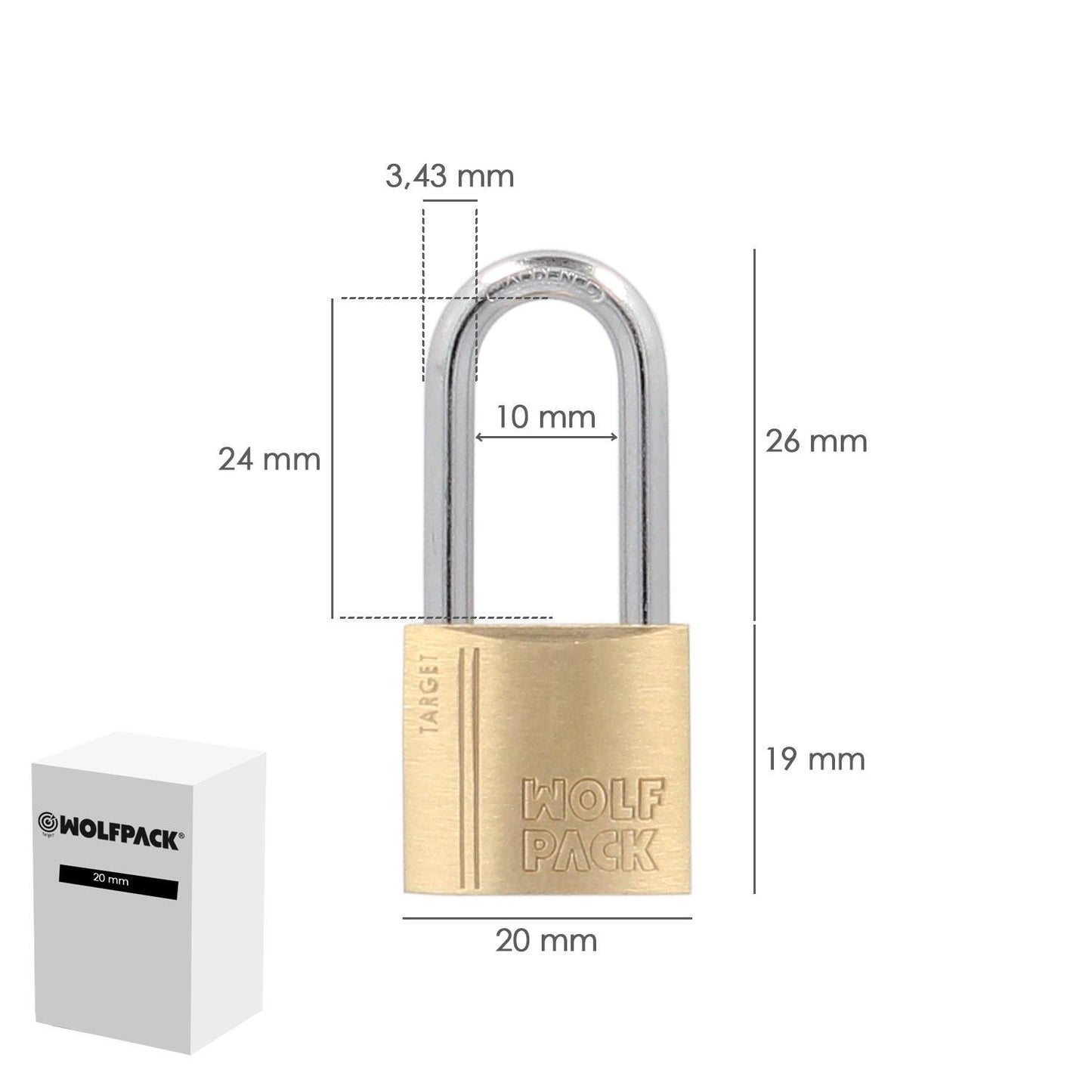 Candado Laton Arco Largo 20 Mm. Arco Endurecido. Candado Maletas, Candado Taquillas, Candado Puertas
