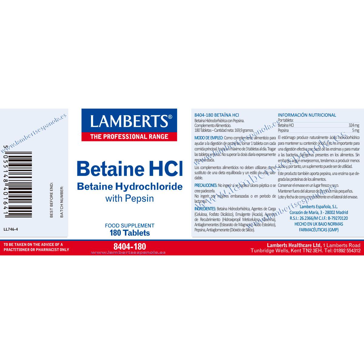 Betaína HCl 324mg/Pepsina 5mg Lamberts, 180 comprimidos