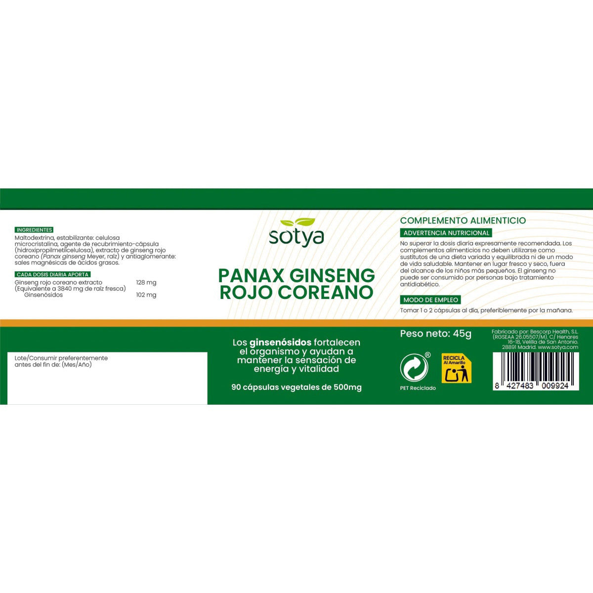 Ginseng Vermelho Coreano Sotya 90 Cápsulas