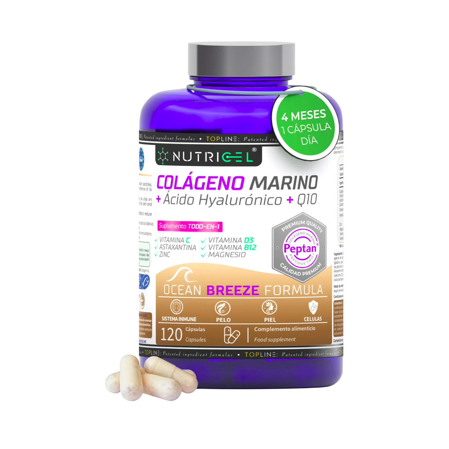 Colágeno marino Peptan® + Ácido hialurónico + CoQ10 Nutricel 120 cápsulas