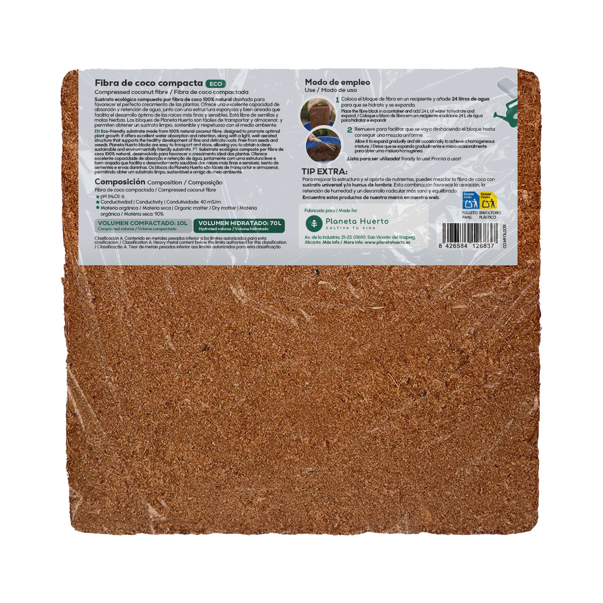 Embalagem com 3 substratos de fibra de coco Planeta Huerto 70 litros 
