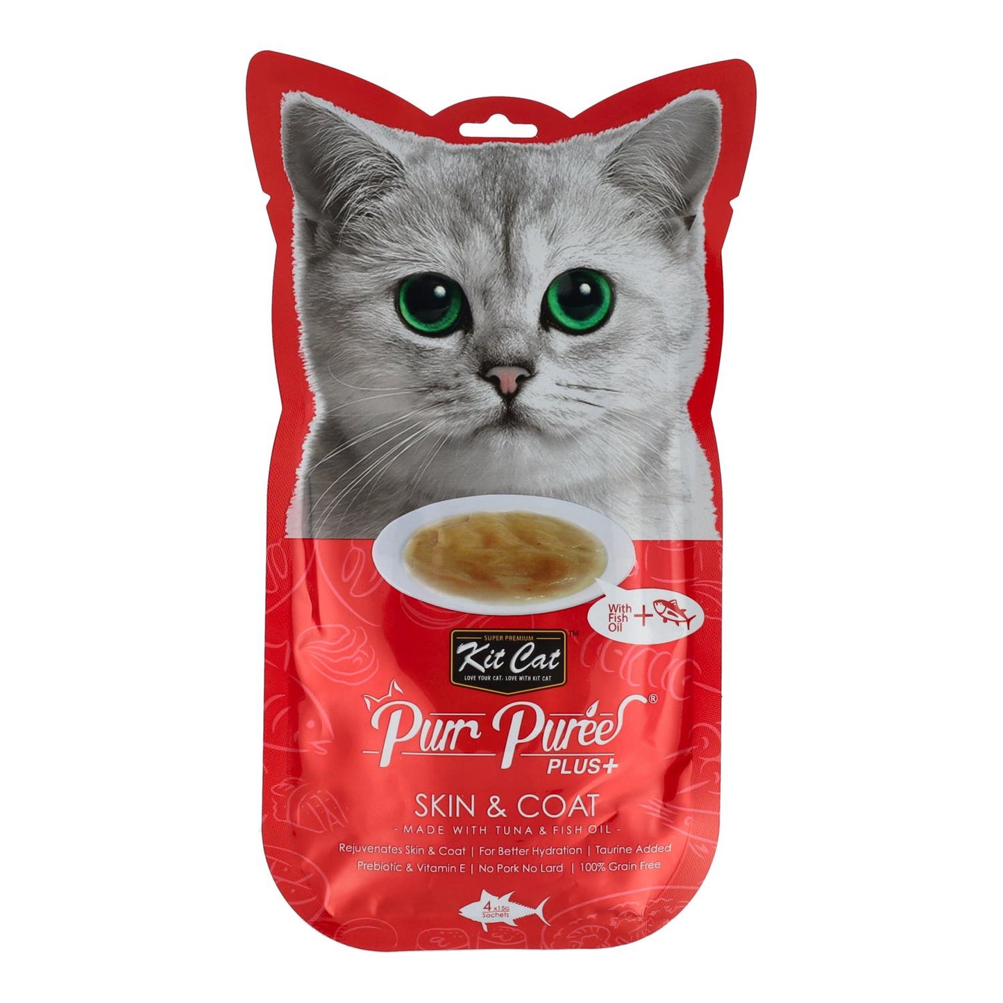 Kit Cat PurrPuree Plus - Kit Pele e Pelo de Atum Cat 4x15 g Snack cremoso para gatos