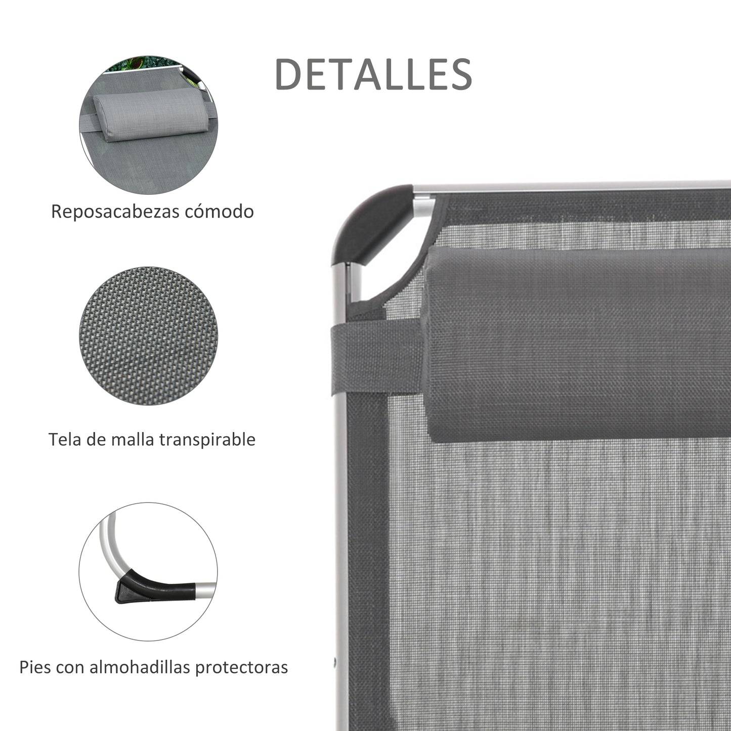 Outsunny Tumbona Plegable Con Reposacabezas Respaldo Ajustable 165x60x76cm Gris_5
