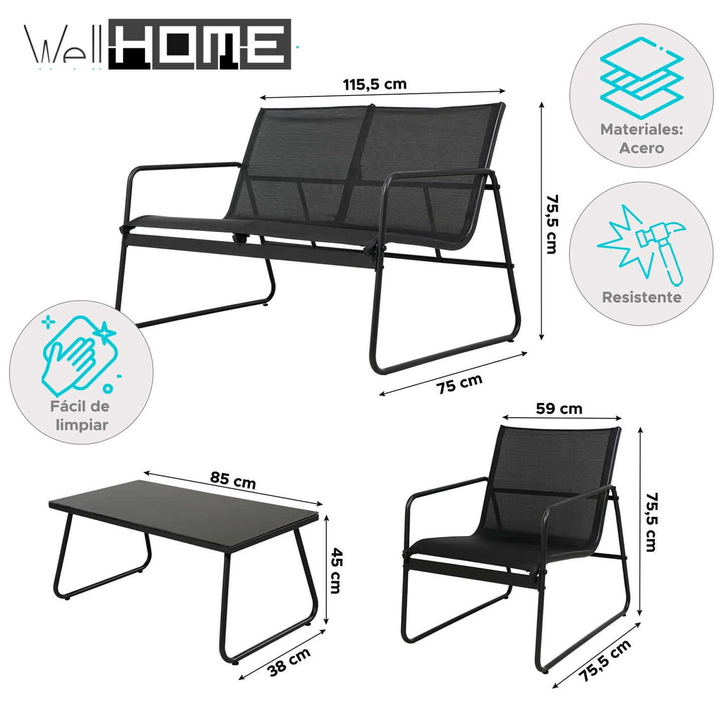 Well Home Juego De 4 Muebles (mesa + 2 Sillas + Banco) En Color Negro_1