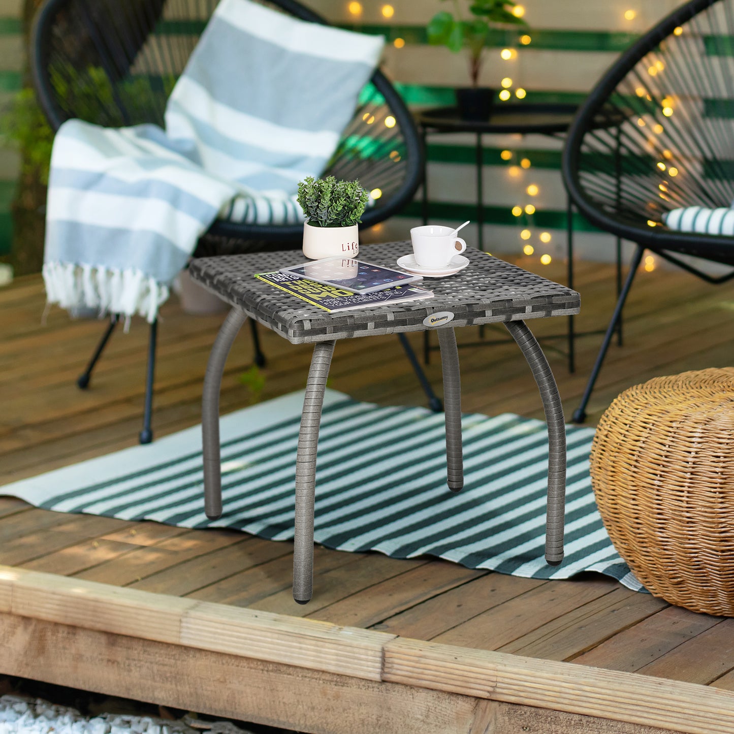 Outsunny Mesa De Jardín De Ratán Con Patas De Metal 45x45x44 Cm Gris_1