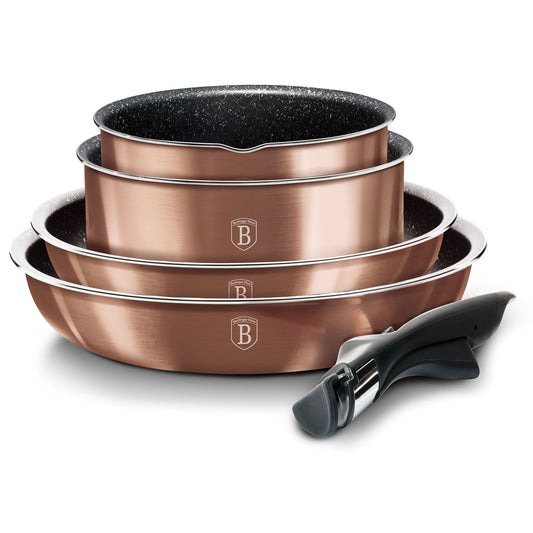 Batería De Cocina Aluminio Forjado 9 Piezas, Inducción, Asa Extraíble, Cazuelas Apilables Tapas Berlinger Haus Rose Gold Oro Rosado_0
