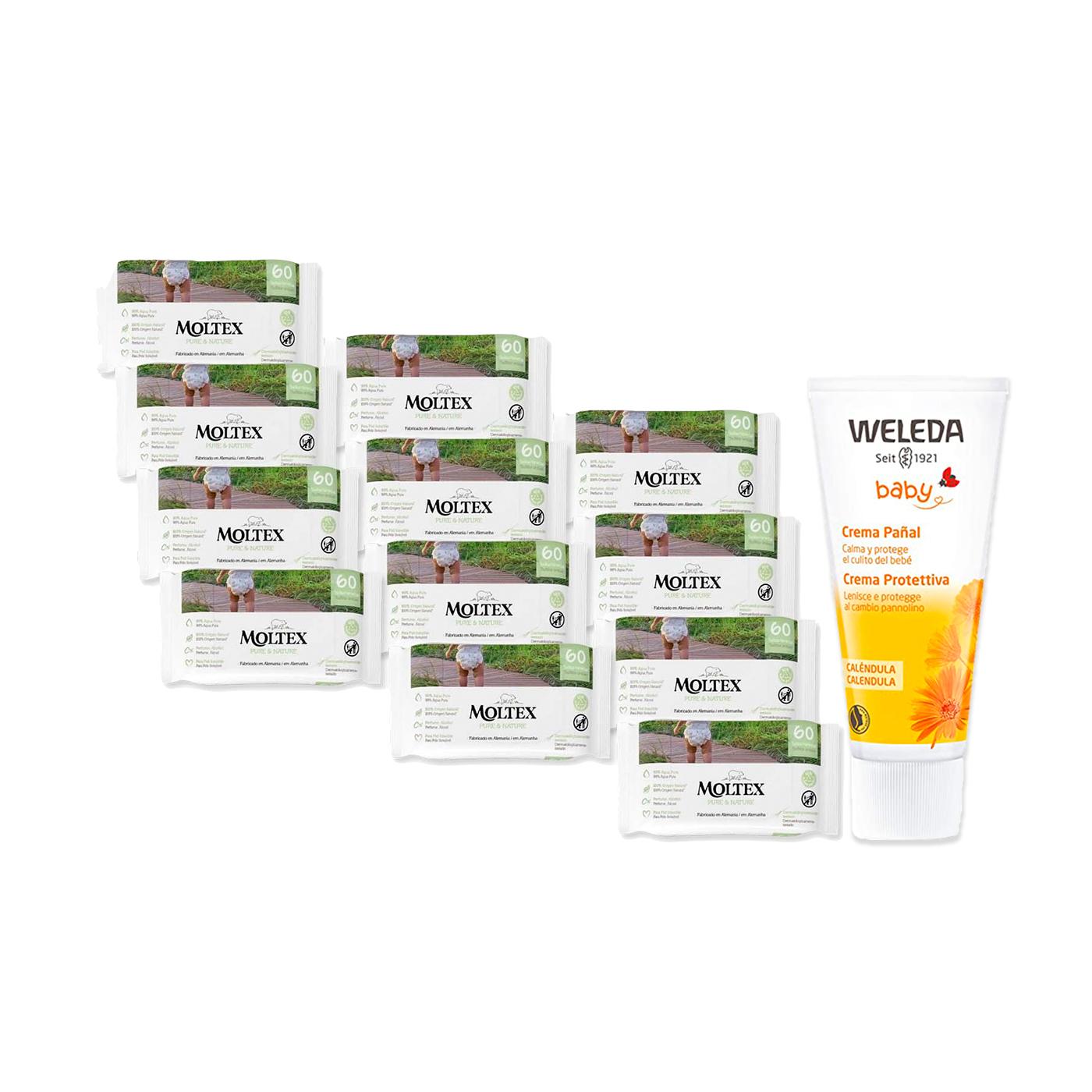 PACOTE ESPECIAL Creme para Fraldas Weleda Calendula 75ml + Embalagem de 12 Toalhetes Moltex Pure &amp; Nature 60 Unidades