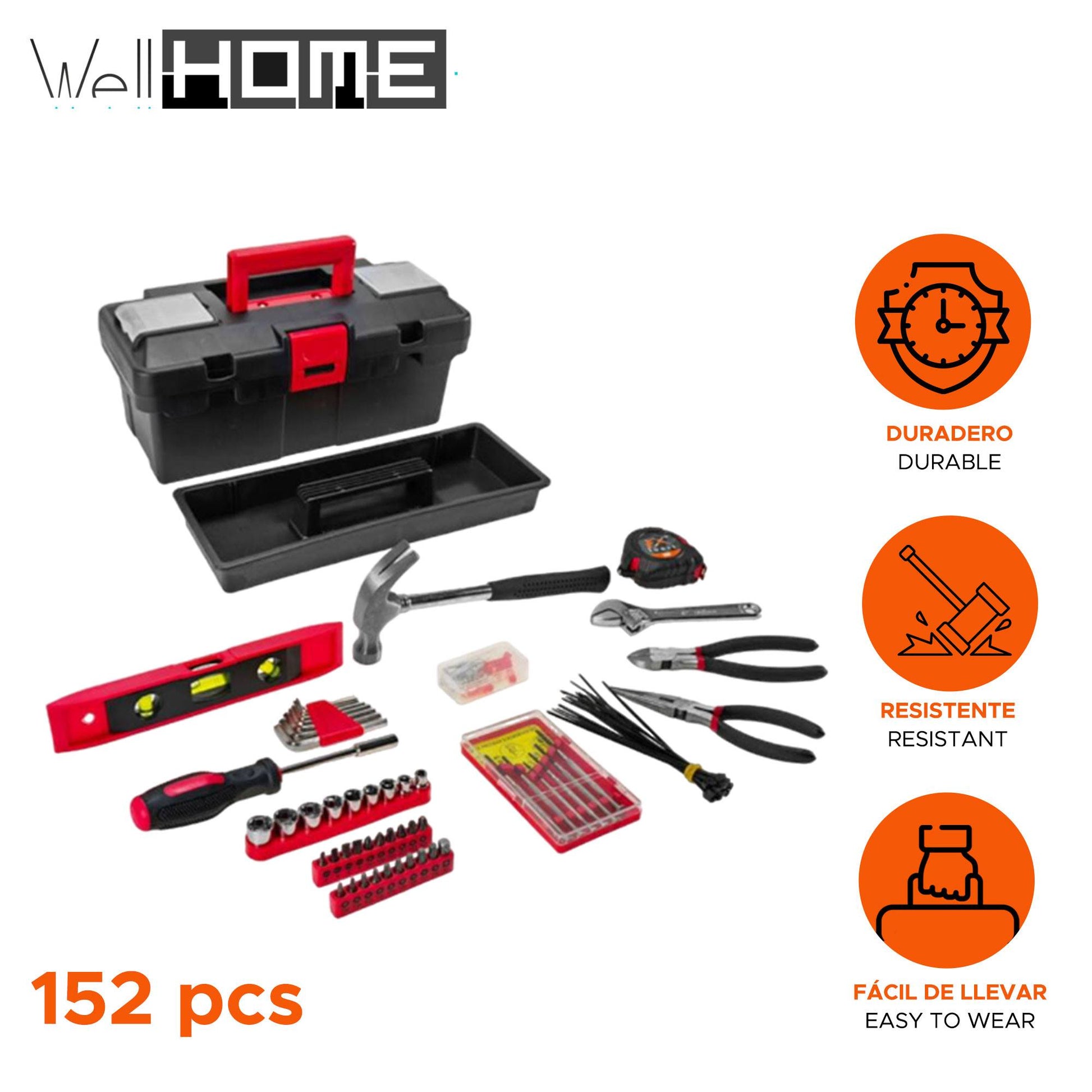 Well Home Kit De Herramientas Para El Hogar Co 152pc En Caja De Plástico Color Negro Y Rojo_1