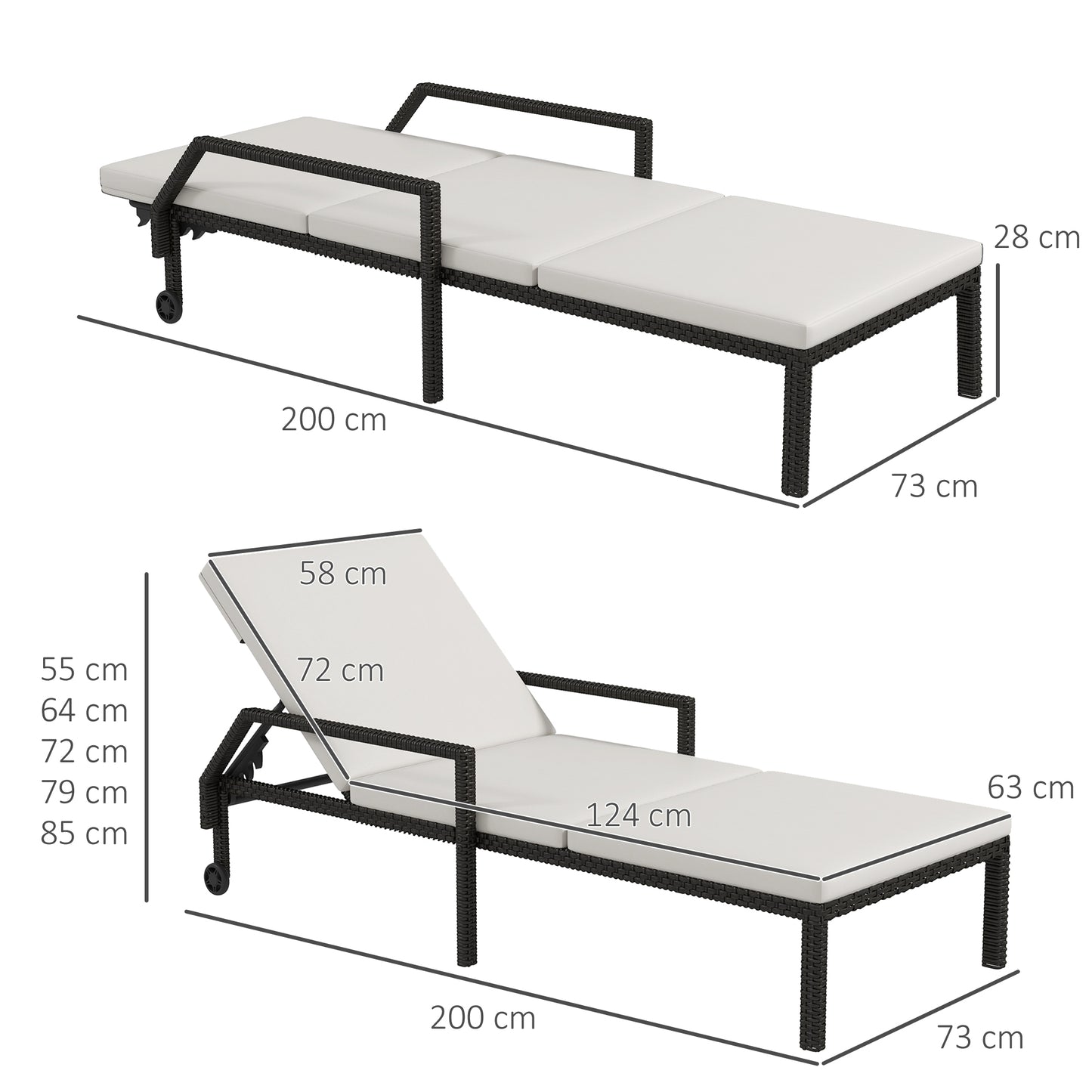 Outsunny Tumbona De Ratán Con Respaldo Ajustable 73x200x48cm Crema Y Negro_2