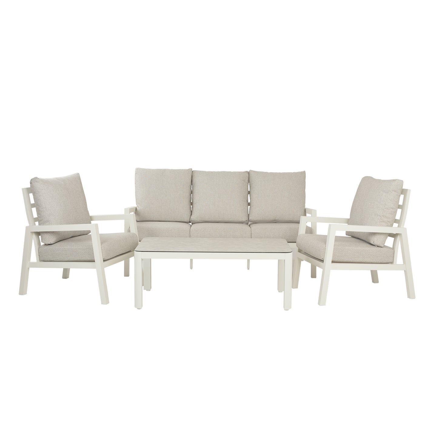 Conjunto De Sofás Para Jardín, Sofá 3 Plazas, Aluminio, Color Blanco Envejecido, Mesa:120x60x45cm Sillón:83x65,5x89 Cm Sofá:180x83x89 Cm Alto_0
