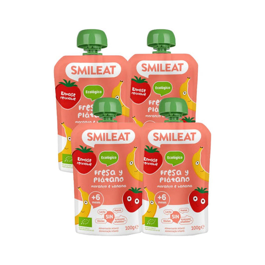 Embalagem com 4 saquetas de morango e banana Smileat, 100g