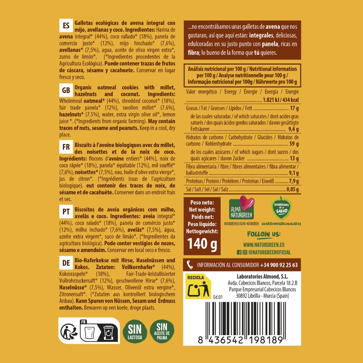 Bolacha de aveia integral com millet, avelãs e coco Bio NaturGreen 140 g